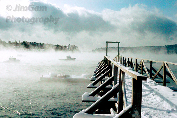 Acadia, "Mt. Desert Island", harbor, pier, "sea smoke", winter, Maine, "fishing boats"
